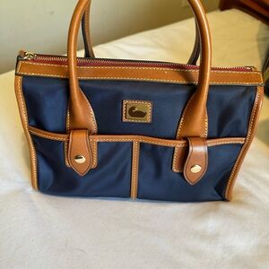 Dooney & Bourke Navy Nylon Satchel with Cognac Leather Trim